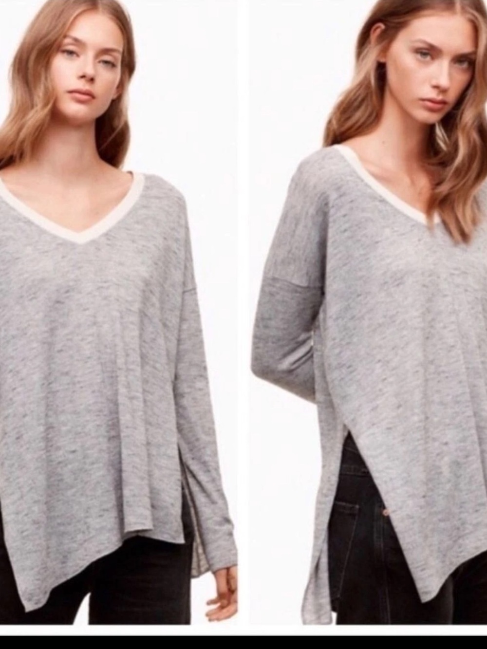 Aritzia Wilfred Gray V-Neck Sweater Gray Marled High Low side slit relaxed